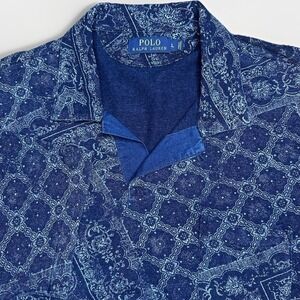 Polo Ralph Lauren Shirt Mens Large Blue Paisley Floral Bandana Camp Loop Collar